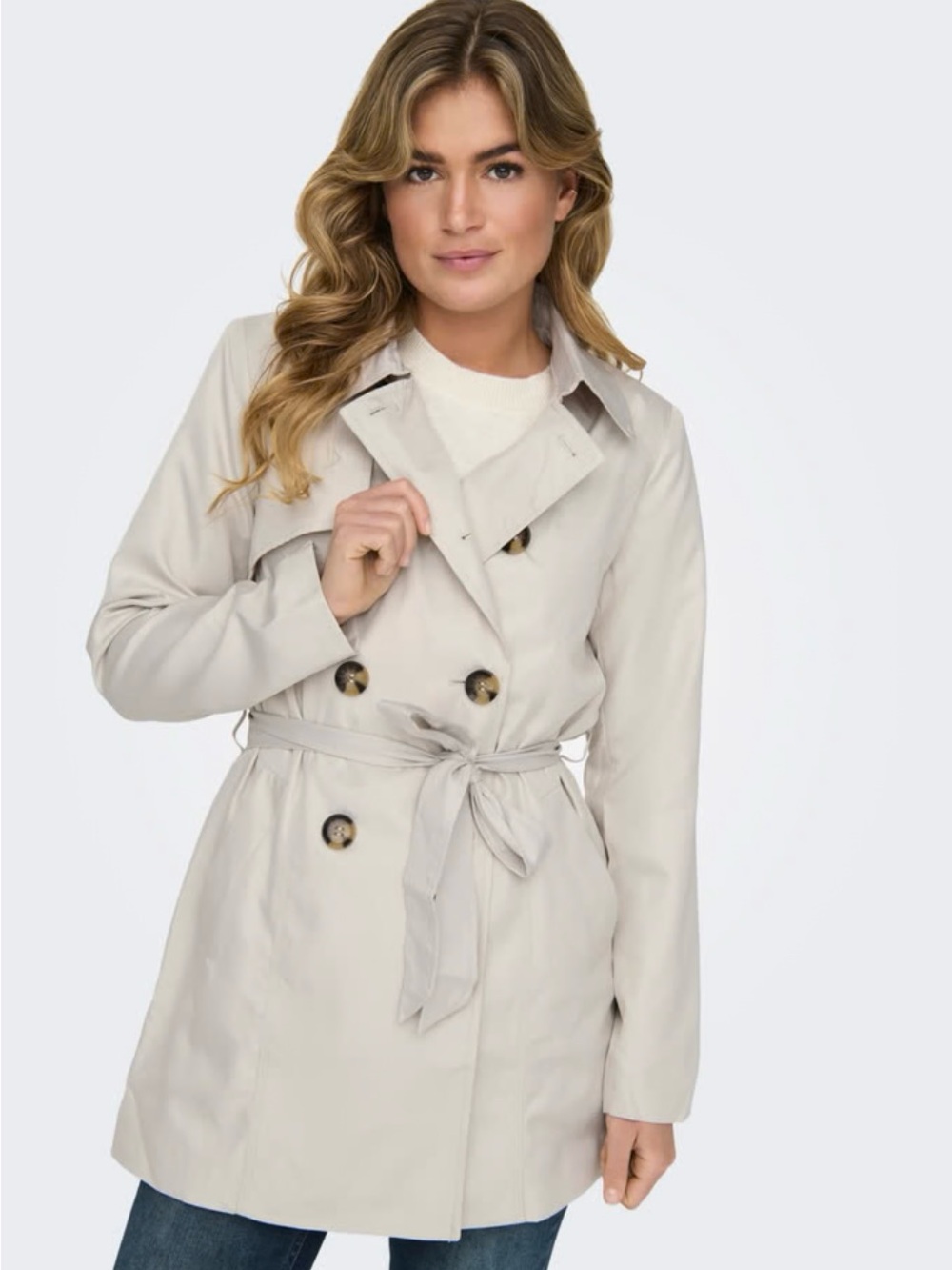 Only Beige Double-Breasted Trench Coat with Tie Belt